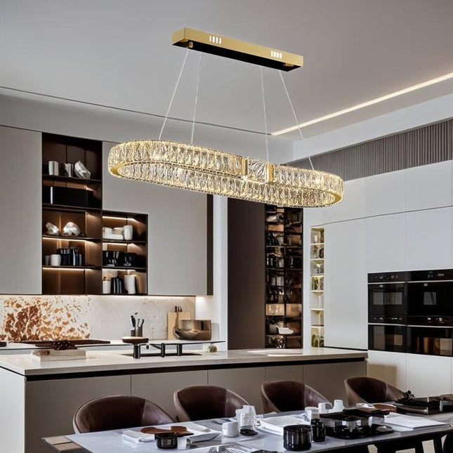 BAMDECOR C3319 Modern Linear Crystal Chandeliers Lighting Fixtures Contemporary Round Chandelier Lighting Fixtures Crystal Pendant Ceiling Lights(Gold-Oval 100cm).