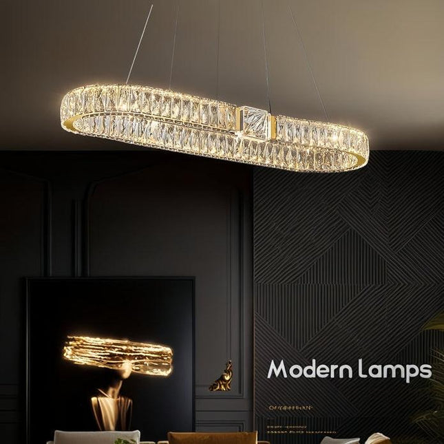 BAMDECOR C3319 Modern Linear Crystal Chandeliers Lighting Fixtures Contemporary Round Chandelier Lighting Fixtures Crystal Pendant Ceiling Lights(Gold-Oval 100cm).