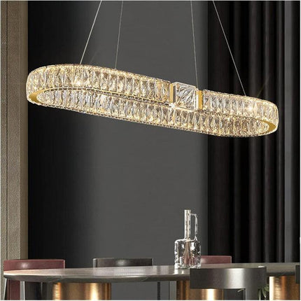BAMDECOR C3319 Modern Linear Crystal Chandeliers Lighting Fixtures Contemporary Round Chandelier Lighting Fixtures Crystal Pendant Ceiling Lights(Gold-Oval 100cm).