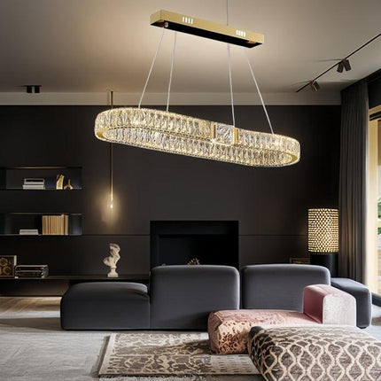 BAMDECOR C3319 Modern Linear Crystal Chandeliers Lighting Fixtures Contemporary Round Chandelier Lighting Fixtures Crystal Pendant Ceiling Lights(Gold-Oval 100cm).