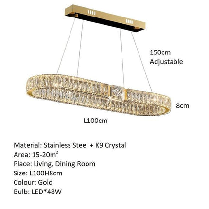 BAMDECOR C3319 Modern Linear Crystal Chandeliers Lighting Fixtures Contemporary Round Chandelier Lighting Fixtures Crystal Pendant Ceiling Lights(Gold-Oval 100cm).