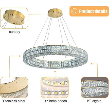 BAMDECOR C3332/1  Round Luxury Crystal Chandelier Modern LED Crystal Chandelier LED Ring Pendant Light Stainless Steel Ceiling Lamp Hanging Lights,for Dining Living Room (Gold).