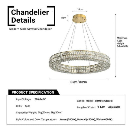 BAMDECOR C3332/1  Round Luxury Crystal Chandelier Modern LED Crystal Chandelier LED Ring Pendant Light Stainless Steel Ceiling Lamp Hanging Lights,for Dining Living Room (Gold).
