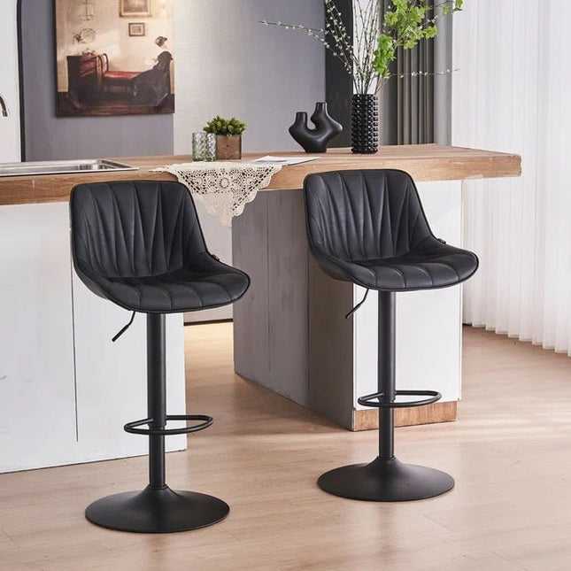 SERENITà Black Modern Height Adjustable Swivel Bar Stools Upholstered Leather Barstool Kitchen Island Chairs with Metal Frame (Set of 2).