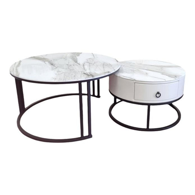 Snowy Mountain Faux Modern Marble Slate Nesting Coffee Table Set Leather Wrapped Wood Drawers.