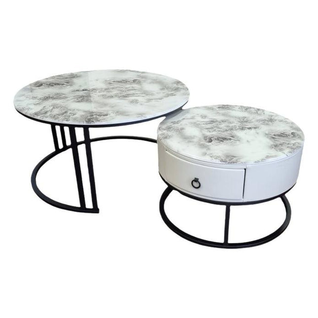 Snowy Mountain Faux Modern Marble Slate Nesting Coffee Table Set Leather Wrapped Wood Drawers.