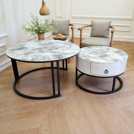 Snowy Mountain Faux Modern Marble Slate Nesting Coffee Table Set Leather Wrapped Wood Drawers.