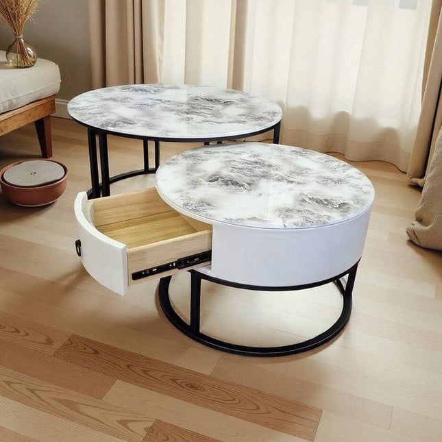 Snowy Mountain Faux Modern Marble Slate Nesting Coffee Table Set Leather Wrapped Wood Drawers.