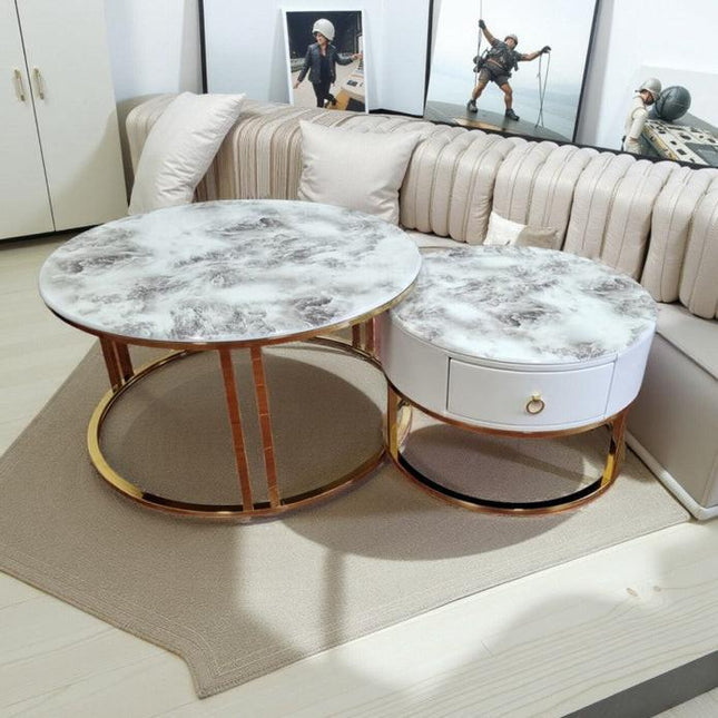 Snowy Mountain Faux Modern Marble Slate Nesting Coffee Table Set Leather Wrapped Wood Drawers.