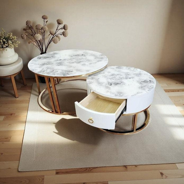 Snowy Mountain Faux Modern Marble Slate Nesting Coffee Table Set Leather Wrapped Wood Drawers.