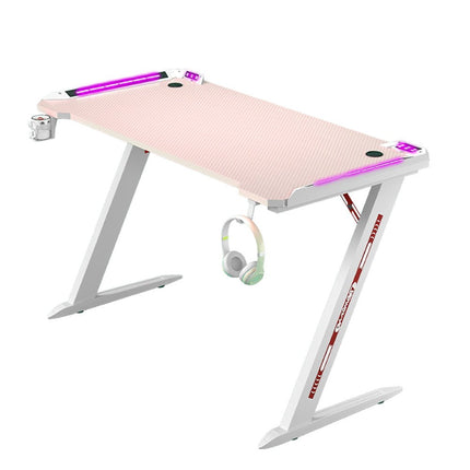 120cm RGB Gaming Desk Home Office Carbon Fiber Led Lights Game Racer Computer PC Table Z-Shaped Pink.