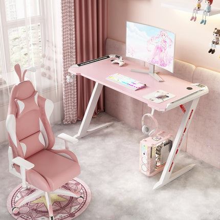 120cm RGB Gaming Desk Home Office Carbon Fiber Led Lights Game Racer Computer PC Table Z-Shaped Pink.