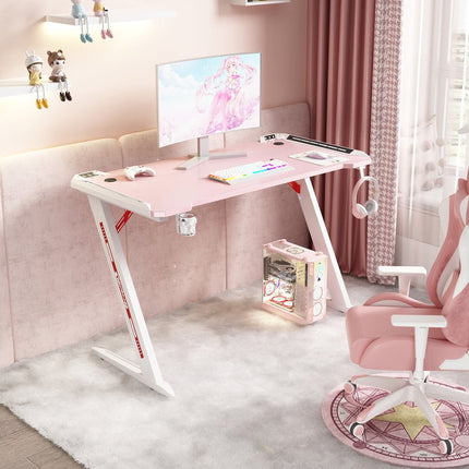 120cm RGB Gaming Desk Home Office Carbon Fiber Led Lights Game Racer Computer PC Table Z-Shaped Pink.