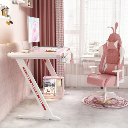 140cm RGB Gaming Desk Home Office Carbon Fiber Led Lights Game Racer Computer PC Table Z-Shaped Pink.