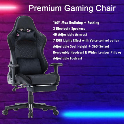 7 RGB Lights Bluetooth Speaker Gaming Chair Ergonomic Racing chair 165° Reclining Gaming Seat 4D Armrest Footrest Black.