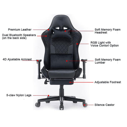 7 RGB Lights Bluetooth Speaker Gaming Chair Ergonomic Racing chair 165° Reclining Gaming Seat 4D Armrest Footrest Black.