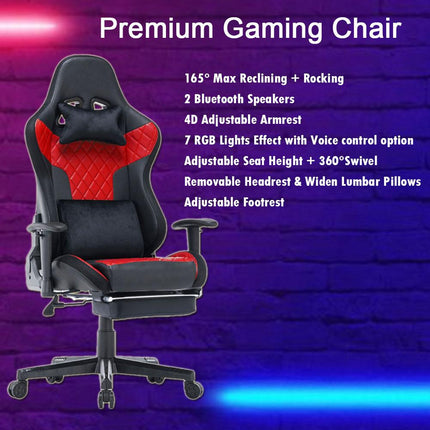 7 RGB Lights Bluetooth Speaker Gaming Chair Ergonomic Racing chair 165° Reclining Gaming Seat 4D Armrest Footrest Black.