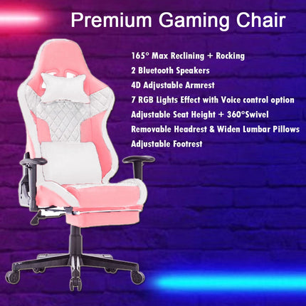 7 RGB Lights Bluetooth Speaker Gaming Chair Ergonomic Racing chair 165° Reclining Gaming Seat 4D Armrest Footrest Black.