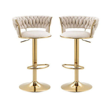2x Height Adjustable Swivel Bar Stool Velvet Golden Base Barstools Chairs Padded Seat- Beige.