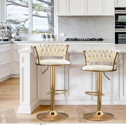2x Height Adjustable Swivel Bar Stool Velvet Golden Base Barstools Chairs Padded Seat- Beige.