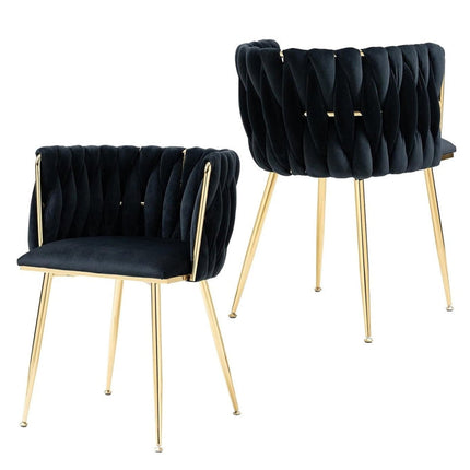 SERENITà Black Modern Hand Weaving Dining Chairs,Velvet Upholstered Side Chairs with Gold Legs, Chic Vanity Chairs with Armrest, Accent Chair for Dining Room, and Cafe Set of 2.