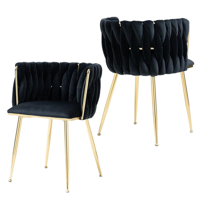 SERENITà Black Modern Hand Weaving Dining Chairs,Velvet Upholstered Side Chairs with Gold Legs, Chic Vanity Chairs with Armrest, Accent Chair for Dining Room, and Cafe Set of 2.