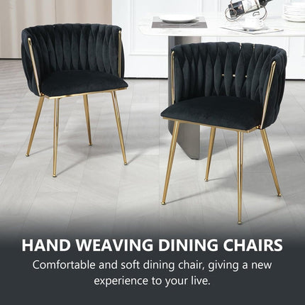 SERENITà Black Modern Hand Weaving Dining Chairs,Velvet Upholstered Side Chairs with Gold Legs, Chic Vanity Chairs with Armrest, Accent Chair for Dining Room, and Cafe Set of 2.