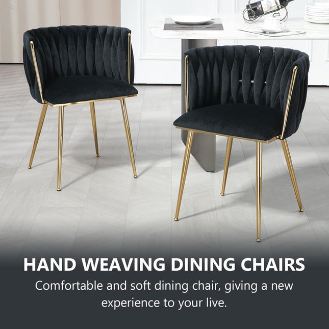 SERENITà Black Modern Hand Weaving Dining Chairs,Velvet Upholstered Side Chairs with Gold Legs, Chic Vanity Chairs with Armrest, Accent Chair for Dining Room, and Cafe Set of 2.