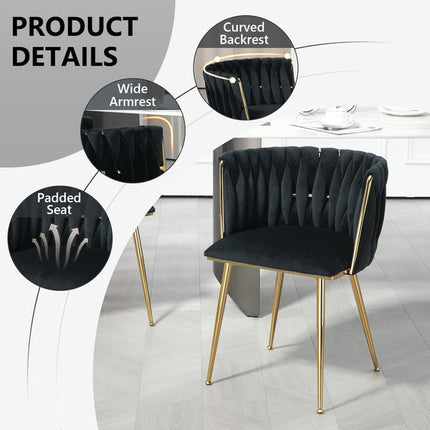 SERENITà Black Modern Hand Weaving Dining Chairs,Velvet Upholstered Side Chairs with Gold Legs, Chic Vanity Chairs with Armrest, Accent Chair for Dining Room, and Cafe Set of 2.