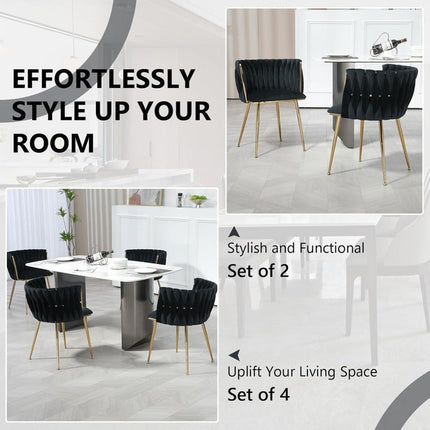 SERENITà Black Modern Hand Weaving Dining Chairs,Velvet Upholstered Side Chairs with Gold Legs, Chic Vanity Chairs with Armrest, Accent Chair for Dining Room, and Cafe Set of 2.
