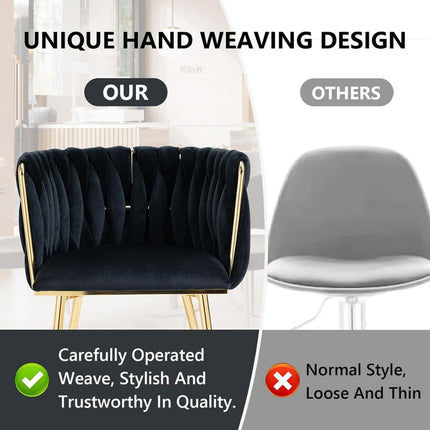 SERENITà Black Modern Hand Weaving Dining Chairs,Velvet Upholstered Side Chairs with Gold Legs, Chic Vanity Chairs with Armrest, Accent Chair for Dining Room, and Cafe Set of 2.