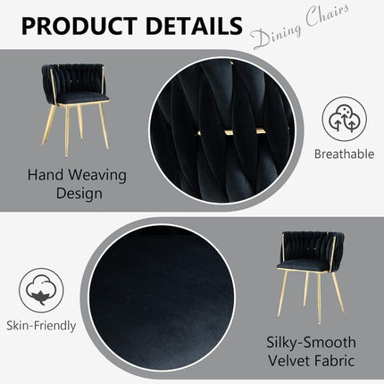 SERENITà Black Modern Hand Weaving Dining Chairs,Velvet Upholstered Side Chairs with Gold Legs, Chic Vanity Chairs with Armrest, Accent Chair for Dining Room, and Cafe Set of 2.