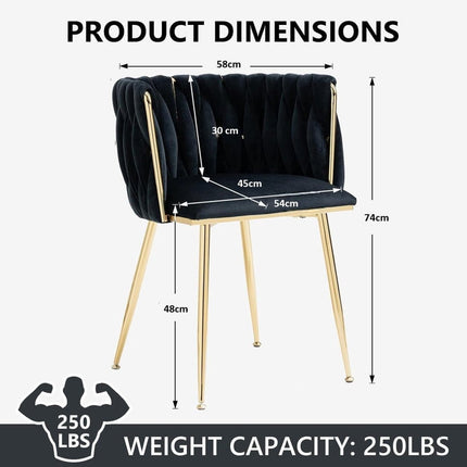 SERENITà Black Modern Hand Weaving Dining Chairs,Velvet Upholstered Side Chairs with Gold Legs, Chic Vanity Chairs with Armrest, Accent Chair for Dining Room, and Cafe Set of 2.