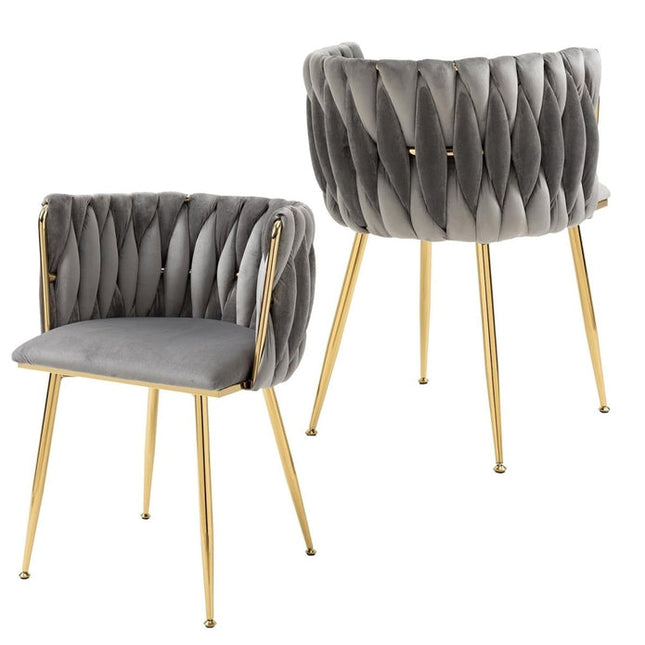SERENITà Grey Modern Hand Weaving Dining Chairs,Velvet Upholstered Side Chairs with Gold Legs, Chic Vanity Chairs with Armrest, Accent Chair for Dining Room, and Cafe Set of 2.