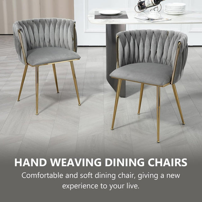 SERENITà Grey Modern Hand Weaving Dining Chairs,Velvet Upholstered Side Chairs with Gold Legs, Chic Vanity Chairs with Armrest, Accent Chair for Dining Room, and Cafe Set of 2.