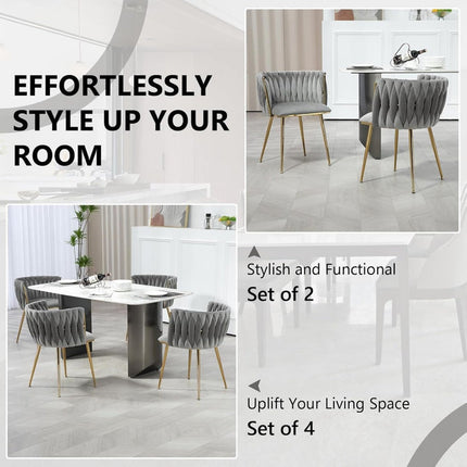 SERENITà Grey Modern Hand Weaving Dining Chairs,Velvet Upholstered Side Chairs with Gold Legs, Chic Vanity Chairs with Armrest, Accent Chair for Dining Room, and Cafe Set of 2.