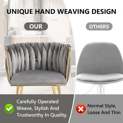 SERENITà Grey Modern Hand Weaving Dining Chairs,Velvet Upholstered Side Chairs with Gold Legs, Chic Vanity Chairs with Armrest, Accent Chair for Dining Room, and Cafe Set of 2.