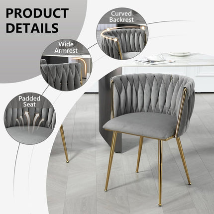 SERENITà Grey Modern Hand Weaving Dining Chairs,Velvet Upholstered Side Chairs with Gold Legs, Chic Vanity Chairs with Armrest, Accent Chair for Dining Room, and Cafe Set of 2.