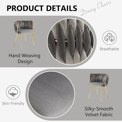 SERENITà Grey Modern Hand Weaving Dining Chairs,Velvet Upholstered Side Chairs with Gold Legs, Chic Vanity Chairs with Armrest, Accent Chair for Dining Room, and Cafe Set of 2.
