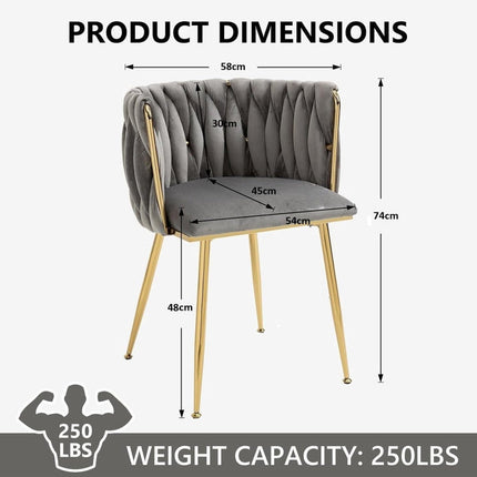 SERENITà Grey Modern Hand Weaving Dining Chairs,Velvet Upholstered Side Chairs with Gold Legs, Chic Vanity Chairs with Armrest, Accent Chair for Dining Room, and Cafe Set of 2.