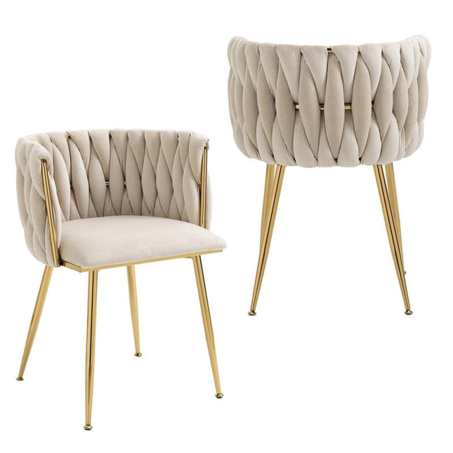 SERENITà Ivory Modern Hand Weaving Dining Chairs,Velvet Upholstered Side Chairs with Gold Legs, Chic Vanity Chairs with Armrest, Accent Chair for Dining Room, and Cafe Set of 2.