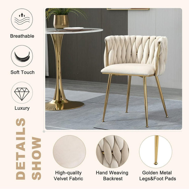 SERENITà Ivory Modern Hand Weaving Dining Chairs,Velvet Upholstered Side Chairs with Gold Legs, Chic Vanity Chairs with Armrest, Accent Chair for Dining Room, and Cafe Set of 2.