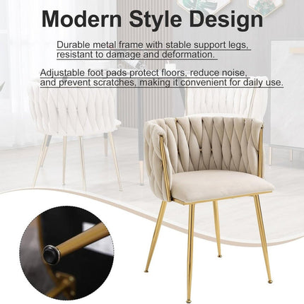 SERENITà Ivory Modern Hand Weaving Dining Chairs,Velvet Upholstered Side Chairs with Gold Legs, Chic Vanity Chairs with Armrest, Accent Chair for Dining Room, and Cafe Set of 2.