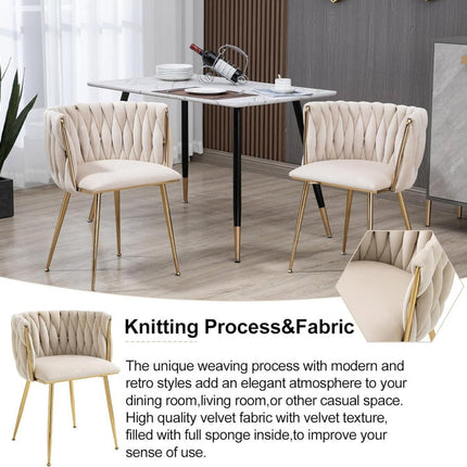 SERENITà Ivory Modern Hand Weaving Dining Chairs,Velvet Upholstered Side Chairs with Gold Legs, Chic Vanity Chairs with Armrest, Accent Chair for Dining Room, and Cafe Set of 2.