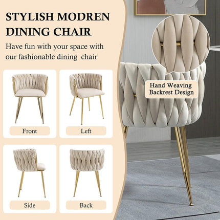 SERENITà Ivory Modern Hand Weaving Dining Chairs,Velvet Upholstered Side Chairs with Gold Legs, Chic Vanity Chairs with Armrest, Accent Chair for Dining Room, and Cafe Set of 2.