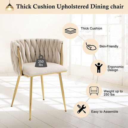 SERENITà Ivory Modern Hand Weaving Dining Chairs,Velvet Upholstered Side Chairs with Gold Legs, Chic Vanity Chairs with Armrest, Accent Chair for Dining Room, and Cafe Set of 2.