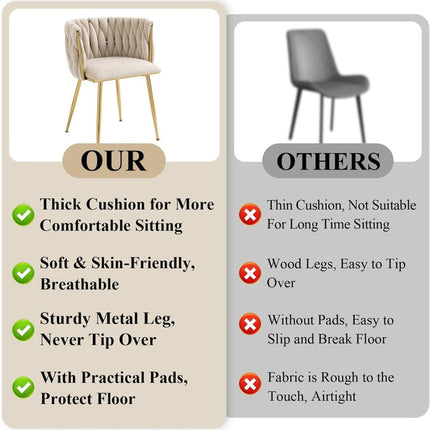 SERENITà Ivory Modern Hand Weaving Dining Chairs,Velvet Upholstered Side Chairs with Gold Legs, Chic Vanity Chairs with Armrest, Accent Chair for Dining Room, and Cafe Set of 2.