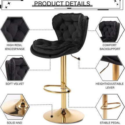SERENITà Swivel Bar Stools Set of 2 Counter Height Barstools with Back Velvet Upholstered Adjustable Stool Chair Mid Century Modern Bar Stool for Kitchen Island (Black).