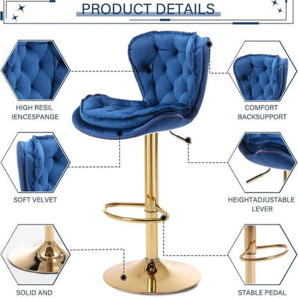 SERENITà Swivel Bar Stools Set of 2 Counter Height Barstools with Back Velvet Upholstered Adjustable Stool Chair Mid Century Modern Bar Stool for Kitchen Island (Navy Blue).