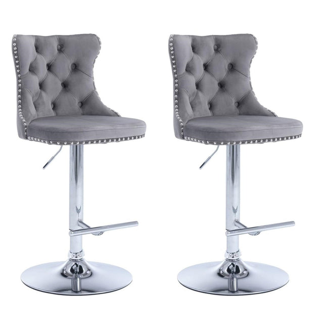 SERENITà Gray Velvet Bar Stools Adjustable Swivel Counter Height Chairs with Tufted Back and Nailhead Trim for Kitchen Island Pub Restaurant (2Pcs, Chrome Metal, Grey).